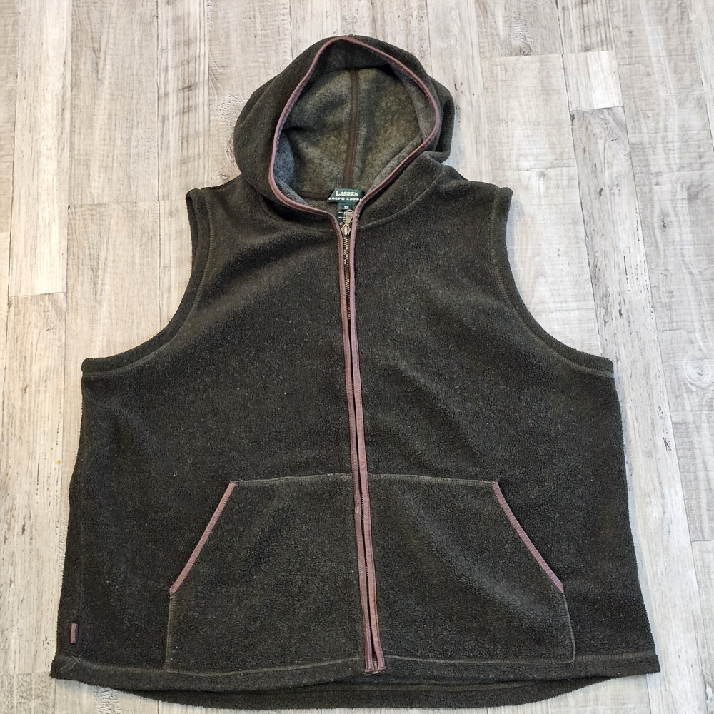 Polo Ralph Lauren Womens Green Fleece Vest with Hood Leather Trim Size 1x